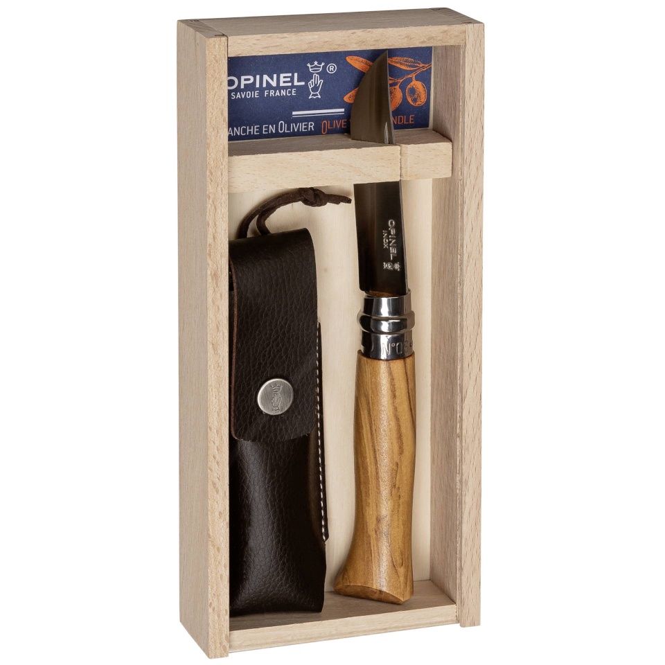 Opinel taskunuga No. 08 Olive wood + sheath in pencil box
