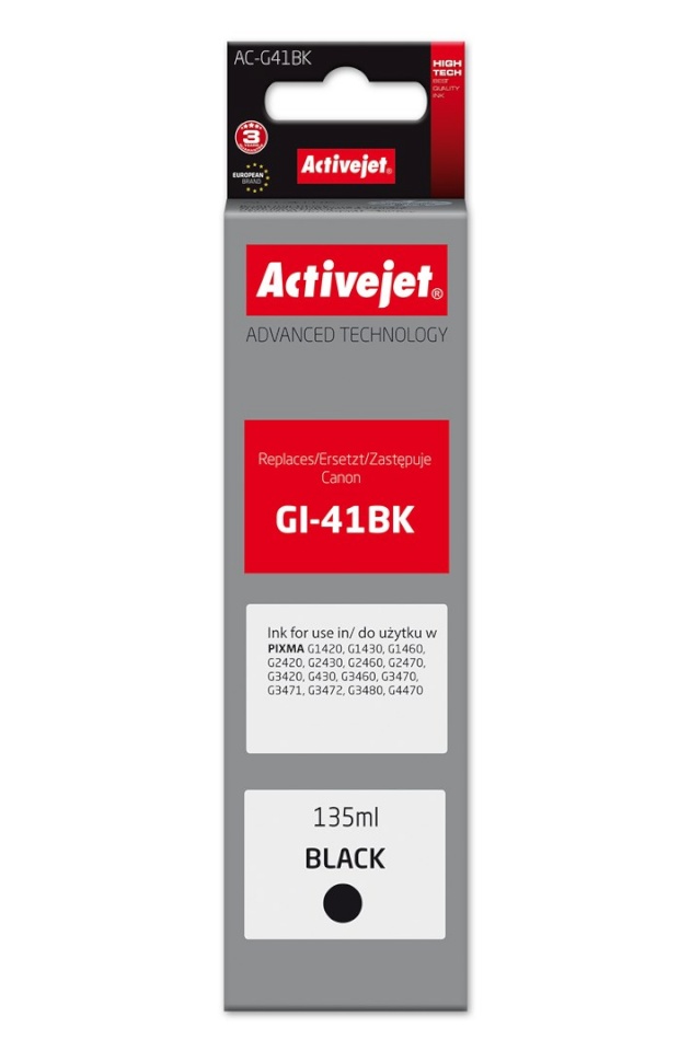 Activejet tindikassett AC-G41Bk Ink bottle for Canon printers, for Canon GI-41BK 4528C001, Supreme, 135 ml, must
