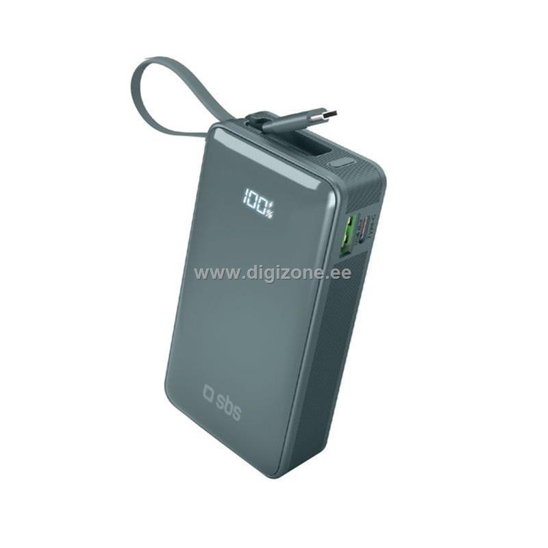 Sbs akupank Powerbank 10000mAh, 20W, LCD, integrated cable, Light sinine