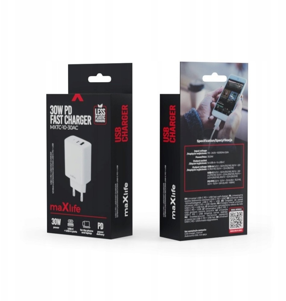 Maxpower adapter Charger 1xUSB-C 1xUSB 30W MXTC-10-30AC valge Maxlife
