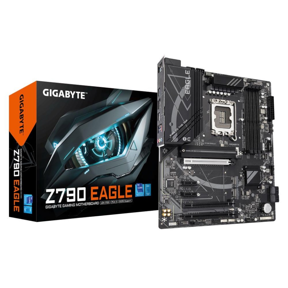 Gigabyte emaplaat intel Z790 LGA1700 ATX memory Ddr5 memory Slots 4 3xpci-express 3.0 1x 1xpci-express 4.0 4x	 1xpci-express 5.0 16x 3xm.2 1xhdmi 1xdisplayport 6xusb 2.0 6xusb 3.2 1xusb-c 1xps/2 1xoptical S/pdif 1xrj45 3xaudio Port z790eagle1.0
