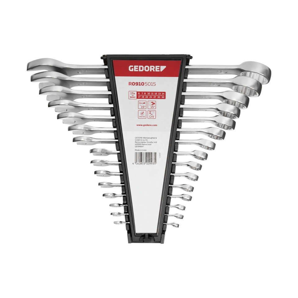 GEDORE punane Ratchet Spanner Set metric 15-osaline