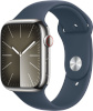 Apple Watch Series 9 GPS + Cellular 45mm Silver Stainless Steel Case with Storm Blue Sport Band, S/M