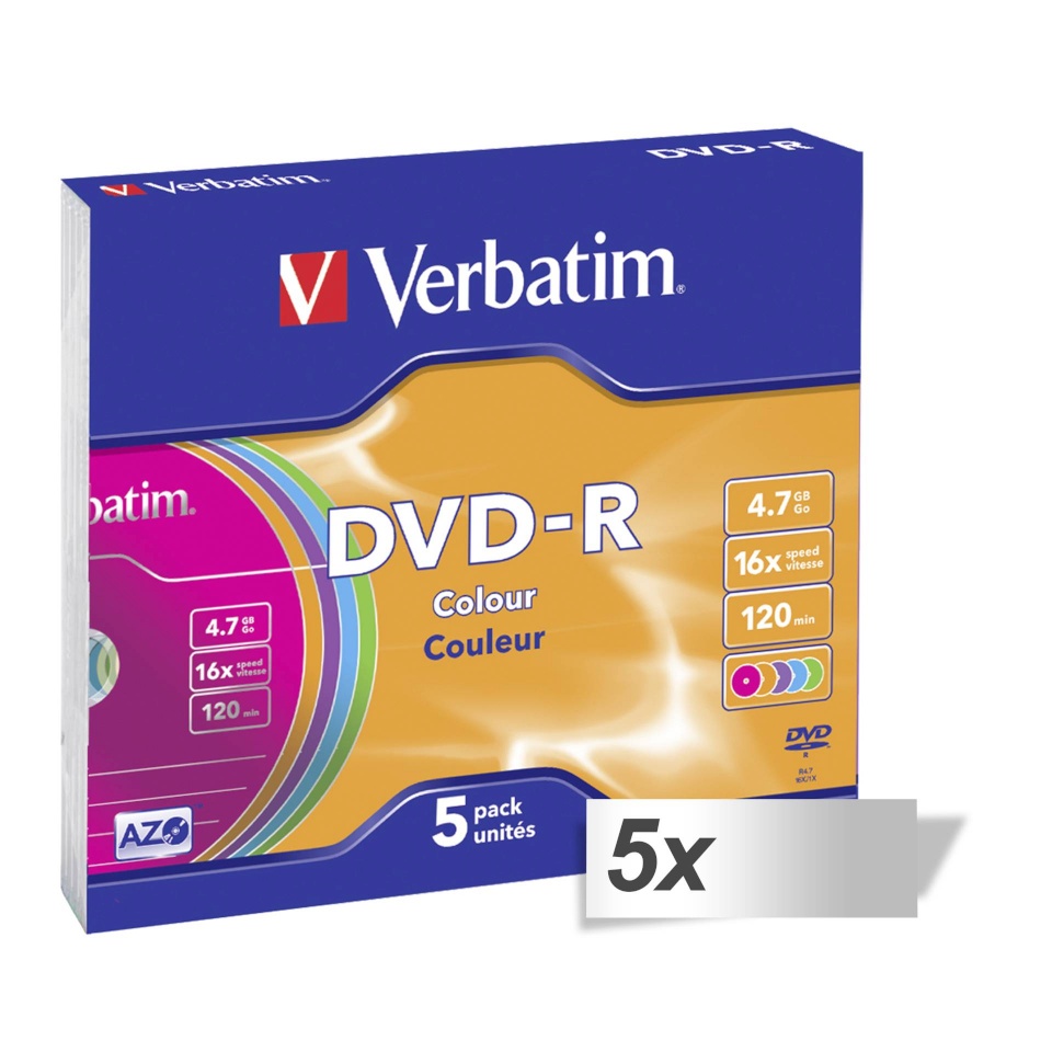 Verbatim toorik 5x5 Verbatim DVD-R 4,7GB Colour 16x Speed, Slim Case