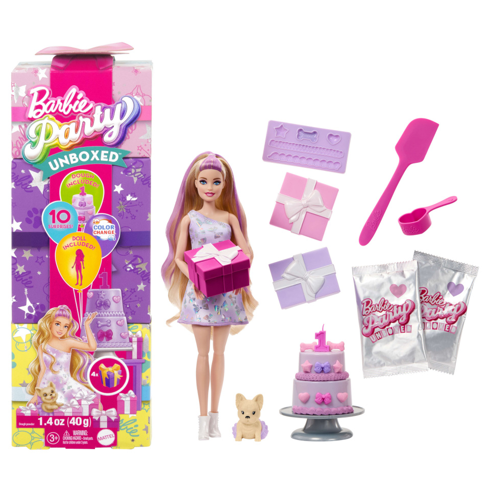 Mattel Barbie Party Unboxed Haustier Geburtstag Serie - lila Kleid