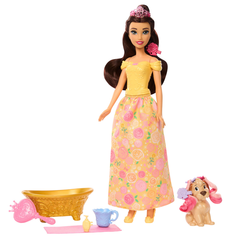 Mattel Disney Prinzessin Baden und Bürsten Belle-Modepuppe mit Hündchen (mit Farbwechseleffekt und Zubehör)