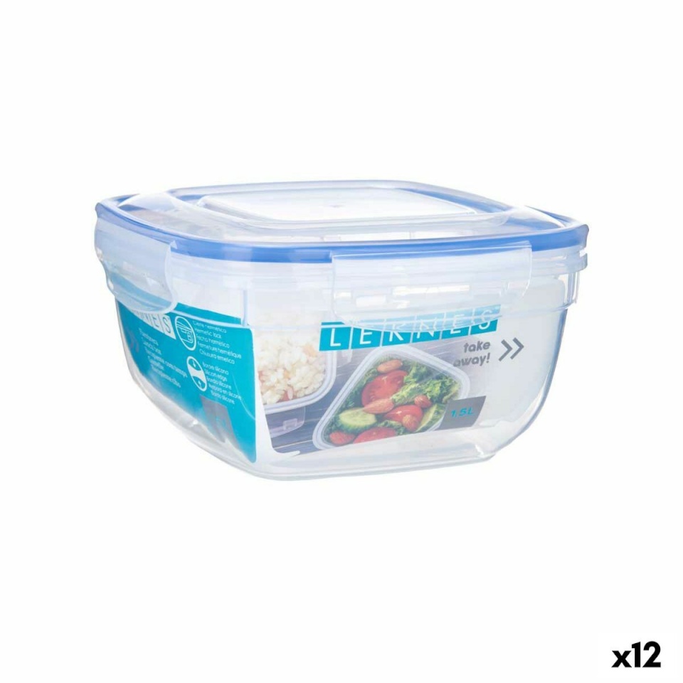 Leknes hermeetiline lõunasöögi karp Kandiline läbipaistev polüpropüleen 1,5 L 17x10x17cm (12tk)