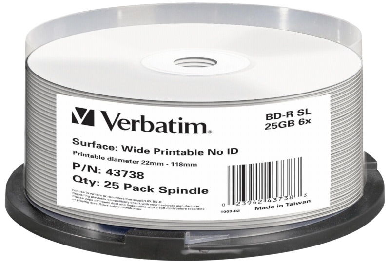 Verbatim toorikud BD-R Blu-Ray 25GB 6x Speed Wide Printable NO-ID, 25tk