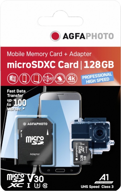 AgfaPhoto mälukaart microSDXC UHS I 128GB Prof. High Speed U3 + Adapter