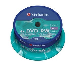 Verbatim toorikud DVD-RW 4x 4.7GB 25tk Cake Box Matt hõbedane 43639