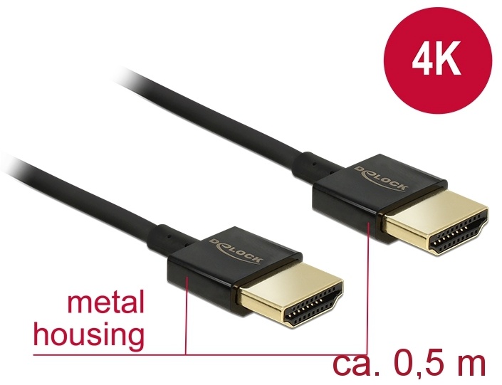 Delock kaabel High Speed HDMI with Ethernet A male > A male 3D 4K 0.5m Slim