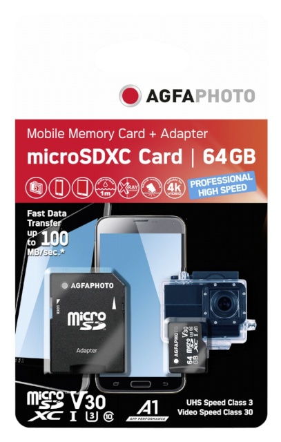 AgfaPhoto mälukaart microSDXC UHS-I 64GB High Speed C 10 U3 V30 + Adapter