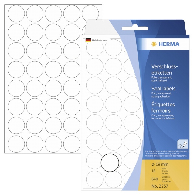 Herma etikett Verschlussetik. rund 19mm 16 Blatt, 640 Stück, transp.2257