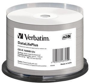 Verbatim toorikud CD-R 52x 700MB 50tk Cake Box DL Printable Azo 43745