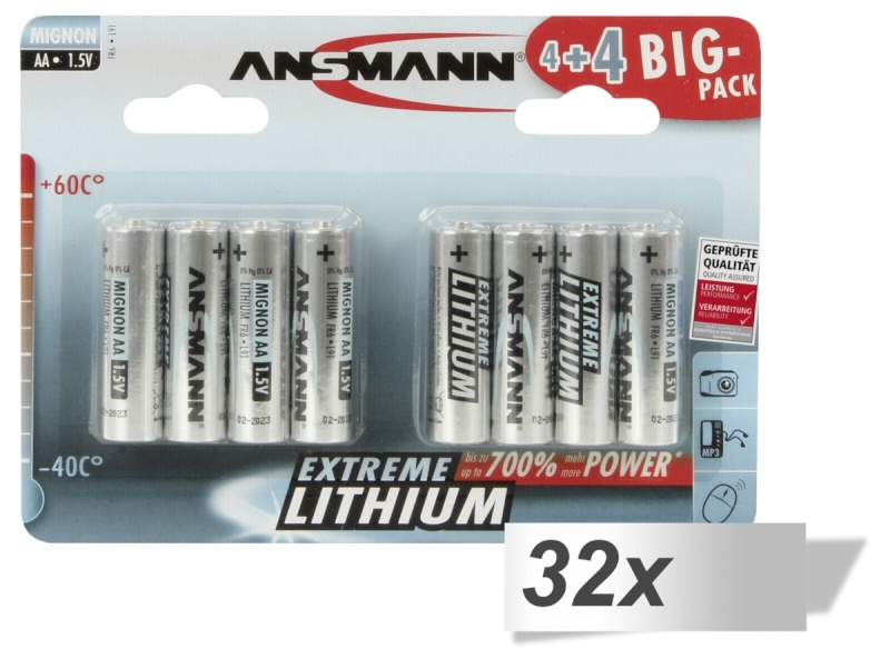 Ansmann patarei 32x 4+4 Extreme Lithium AA Mignon LR 6 Big Pack