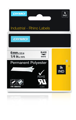 Dymo etiketiprinteri etiketid Rhino Band Poly black/white 6mmx5,5m