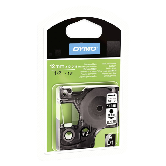 Dymo etiketiprinteri etiketid D1-Polyesterband black/white 12mmx5,5m