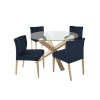 H4Y Söögilauakomplekt TURIN 4-tooliga (11326) klaasplaadiga tammepuidust jalgaega laud, tumesinise kattega toolid