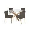 H4Y Söögilauakomplekt TURIN 4-tooliga (11329) klaasplaadiga tammepuidust jalgaega laud, kuldpruuni kattega toolid