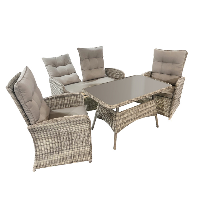 Aiamööblikomplekt EMERALD laud, diivan ja 2 tooli, alumiiniumraam plastikpunutisega, helehallid padjad