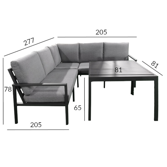 Aiamööblikomplekt ADRIAN laud ja nurgadiivan, tumehall alumiiniumraam, hallid padjad