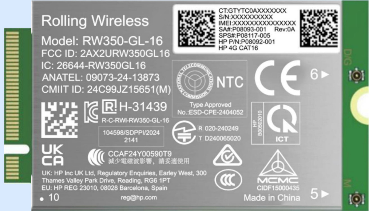 HP sülearvuti B8BD2AA 4G LTE Modem m.2 WWAN Cat 16 Mobile Broadband Cellular (compatible with WWAN-ready ProBook EliteBook 4 6 - G1i G1a - 13 14 16)