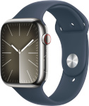 Apple Watch Series 9 GPS + Cellular 45mm Silver Stainless Steel Case with Storm Blue Sport Band, M/L