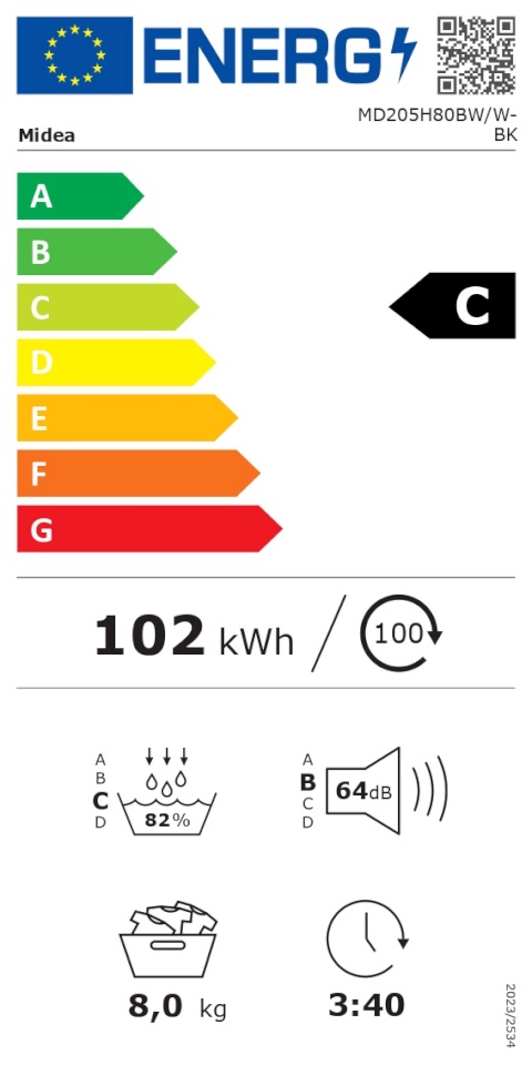Midea MD110H80/W-HR kuivati, C, 8kg