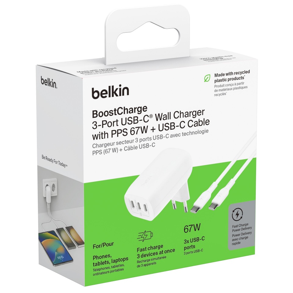 Belkin laadija BOOST Charge USB-C 67W 3xUSB-C + Kabel WCC002vf2MWH-B6