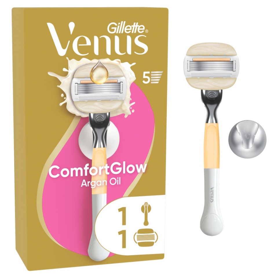 Gillette raseerija + 1 vahetustera Venus ComfortGlow Argan Oil, valge/kollane