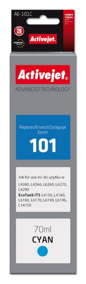 Activejet tindikassett Ink AAE-101C Ink Bottle for Epson Printer, Epson 101, Supreme, 70 ml, tsüaan