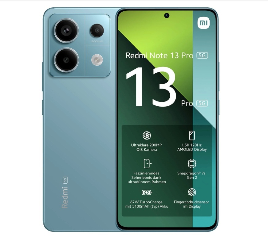 Xiaomi mobiiltelefon Redmi Note 13 Pro Ocean Teal 6.67" AMOLED 1220 x 2712 pixels Qualcomm SM7435 Snapdragon 7s Gen 2 Internal RAM 8GB 256GB Dual SIM Nano-SIM 5G Main camera 200+8+2 MP Secondary camera 16 MP Android 13
