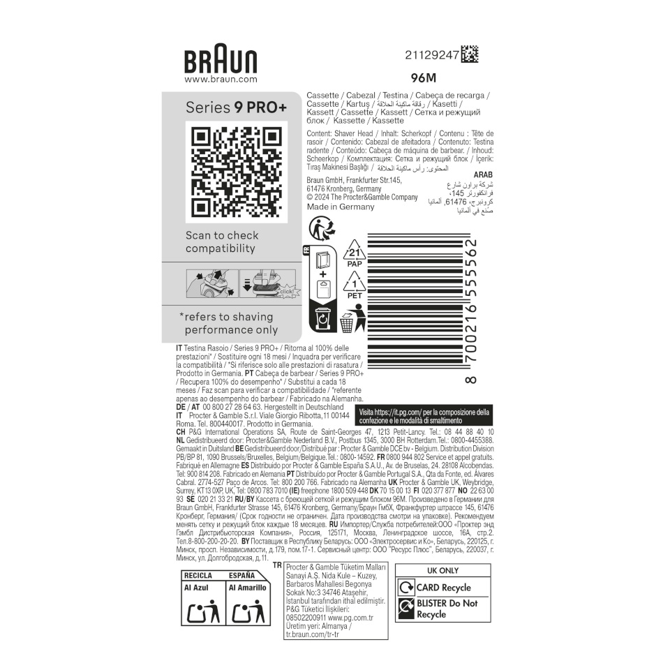 Braun 96M Shaver Replacement Head Series 9 Pro+, hõbedane