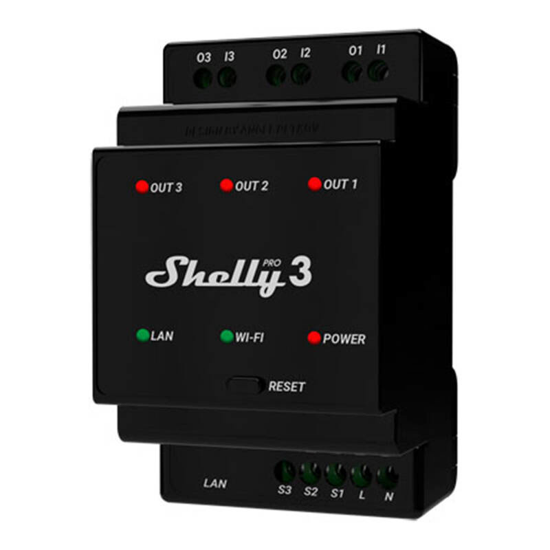 Shelly nutikodu moodul Pro 3 DIN Rail 3-channel Relay, WiFi/LAN, 1tk