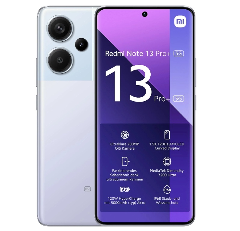 Xiaomi mobiiltelefon Redmi Note 13 Pro+ Aurora lilla 6.67" AMOLED 1220 x 2712 pixels Mediatek Dimensity 7200 Ultra Internal RAM 12GB 512GB Dual SIM Nano-SIM 5G 4G Main camera 200+8+2 MP Secondary camera 16 MP Android 13 5000 mAh