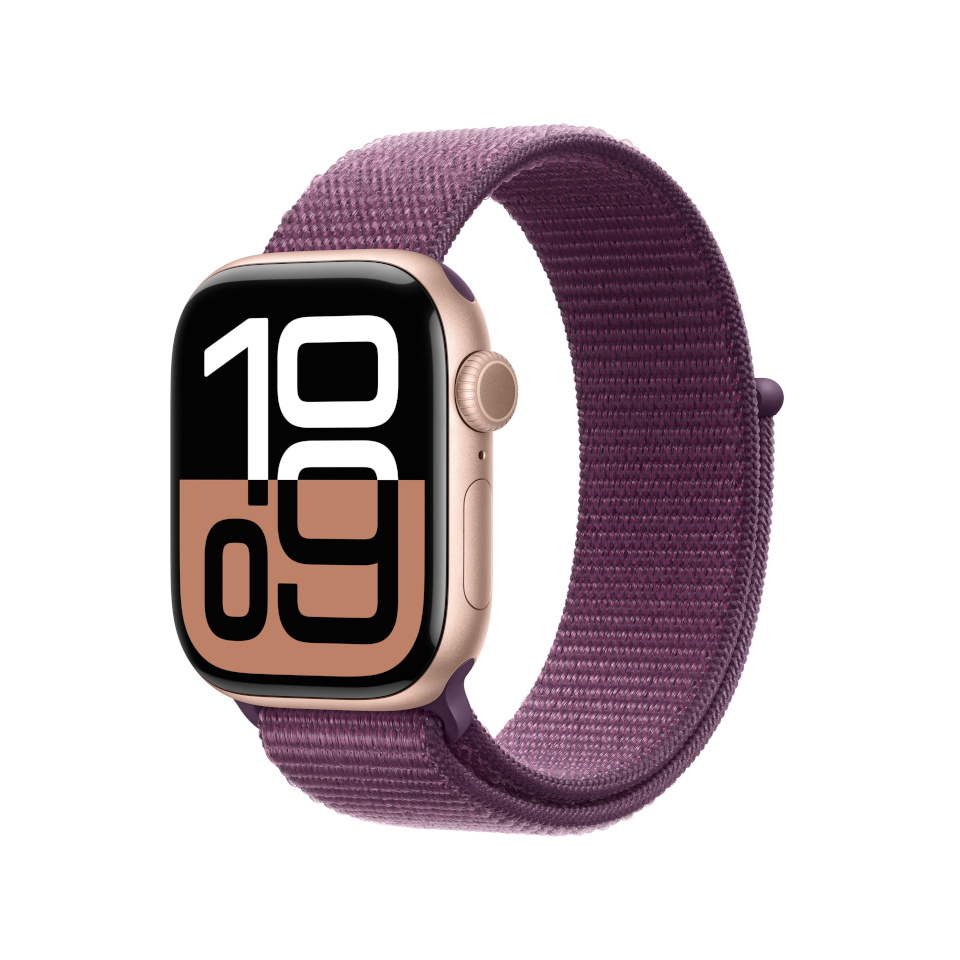 Apple Watch Series 10 (GPS) 42 mm roosakuldne alumiiniumkorpus ploomikarva sportrihmaga (MWWK3)