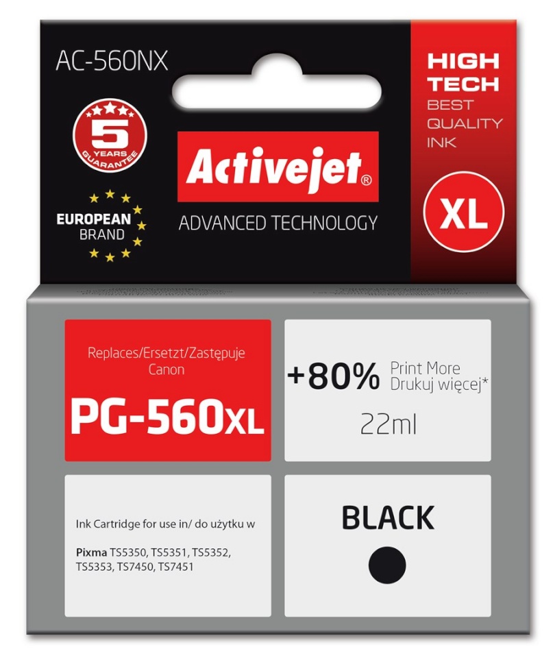 Activejet AC-560NX Printer Ink for Brother, Replacement Canon PG-560XL; Supreme; 22 ml; must