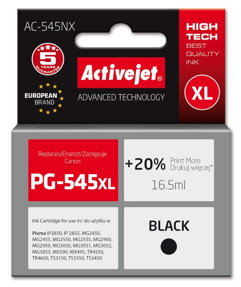 Activejet AC-545NX Printer Ink for Canon, Replacement Canon PG-545XL; Supreme; 16,5ml; must