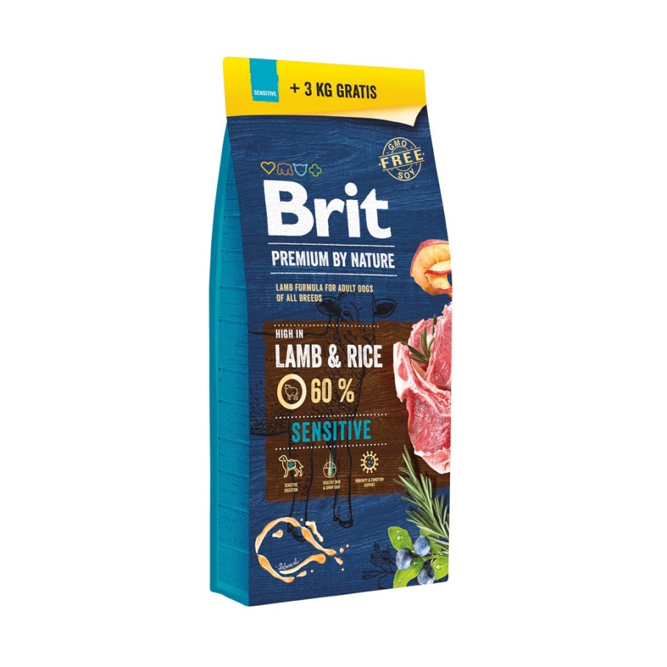 Brit kuivtoit koerale Premium by Nature Sensitive Lamb and Rice, 15kg + 3kg