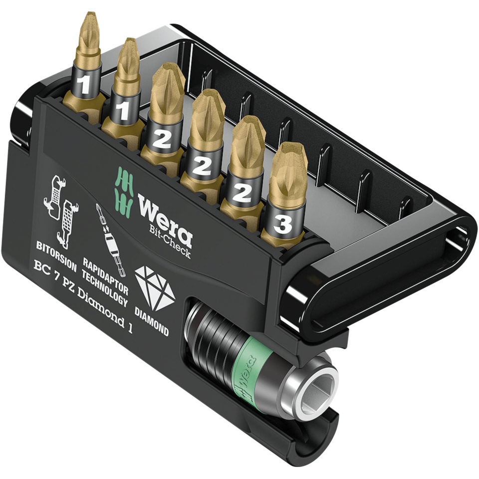 Wera kruvikeerajate komplekt Bit-Check 7 PZ Diamond 1 Bits + rapidaptor holder