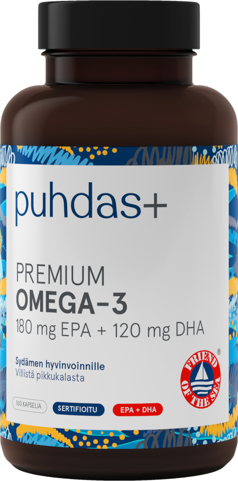 Puhdas+ toidulisand Premium Omega-3 180 mg EPA / 120 mg DHA, FOS Certified, 160tk