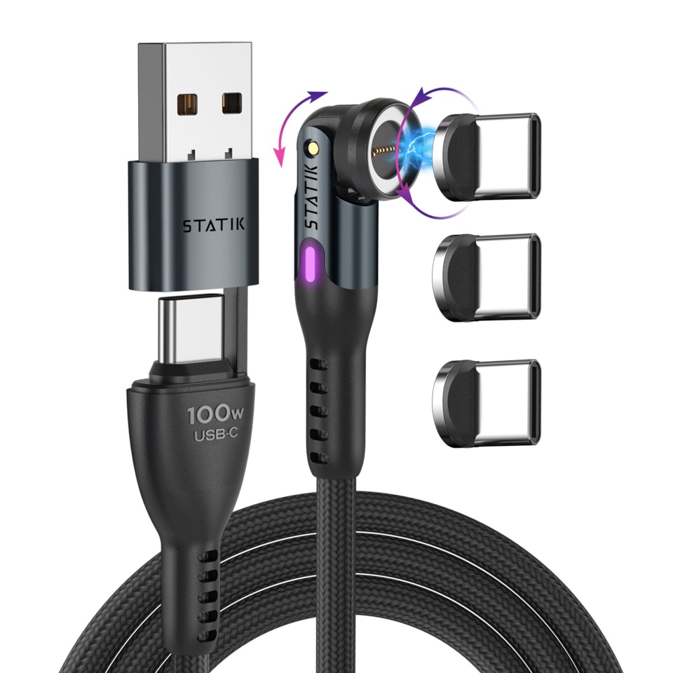 STATIK laadimiskaabel 360Pro Braided Cable Rotating 3 Magnetic Tips USB-C 2m, must