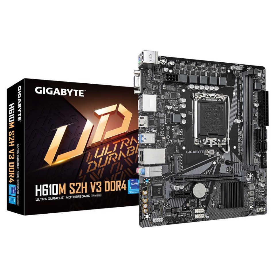 Gigabyte emaplaat intel H610 LGA1700 micro-ATX memory Ddr4 memory Slots 2 1xpci-express 3.0 1x 1xpci-express 4.0 16x 1xm.2 1x15pin D-sub 1xhdmi 2xdisplayport 4xusb 2.0 2xusb 3.2 1xps/2 1xrj45 3xaudio Port h610ms2hv3ddr4