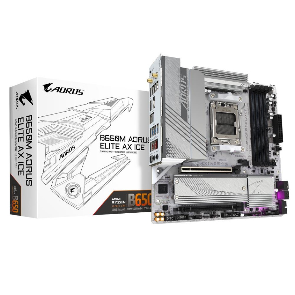 Gigabyte emaplaat AMD B650 sam5 micro-ATX memory Ddr5 memory Slots 4 1xPSIe 4.0 4x	 1xPSIe 4.0 16x 2xm.2 1xhdmi 1xdisplayport 4xusb 2.0 7xusb 3.2 1xusb-c 1xoptical S/pdif 1xrj45 2xaudio Port b650maeliteaxice