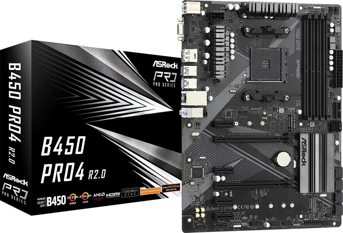ASRock emaplaat B450 PRO4 R2.0 AM4, DDR 4 M.2 USB3.2 ATX