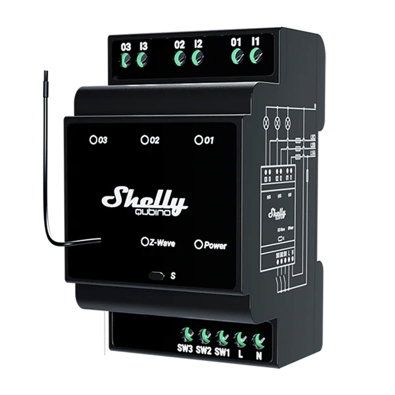 Shelly nutikodu moodul Qubino Wave Pro 3 Z-Wave 3 Channel DIN Rail Relay, must