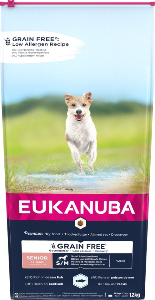 Eukanuba kuivtoit koerale Grain Free Senior small/medium breed, Ocean fish - Dry Dog Food- 12kg