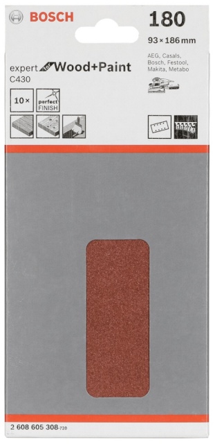 Bosch lihvpaber C430 Expert for Wood and Paint, 93x186mm K180 10tk