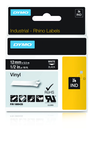 Dymo etiketiprinteri etiketid Rhino Band Vinyl white/must 12mmx5,5m
