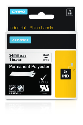 Dymo etiketiprinteri etiketid Rhino Band Poly must/white 24mmx5,5m